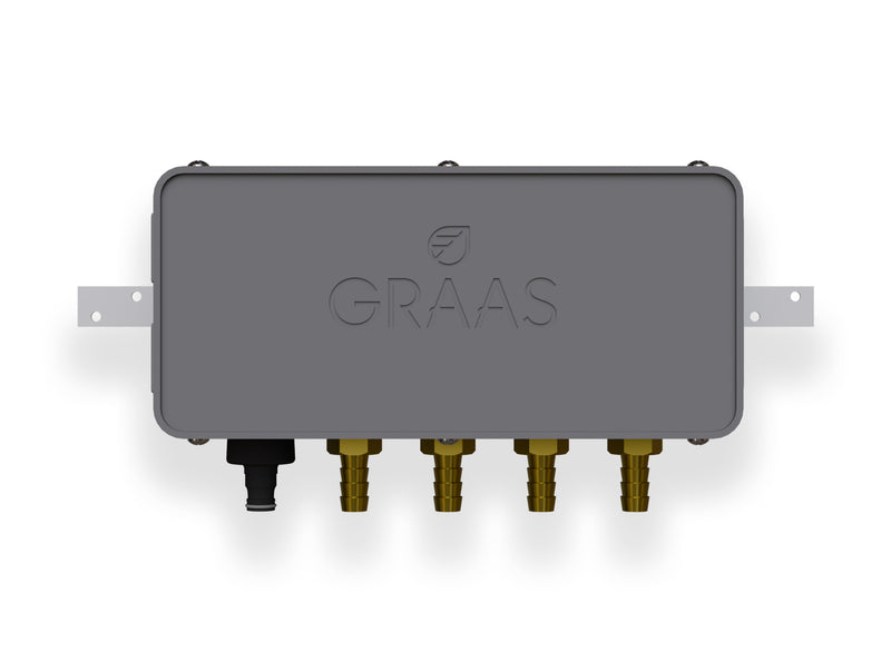 GRAAS iRigator automatic greenhouse irrigation controller – front view with 4-zone valve manifold